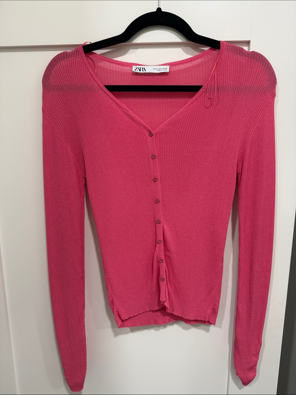 Zara Hot Pink Ribbed Button-Front Knit Sweater Top